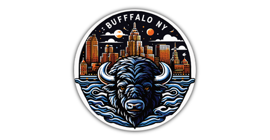Buffalo New York round sticker featuring city skyline and bison head emblem, premium vinyl laminated decal set