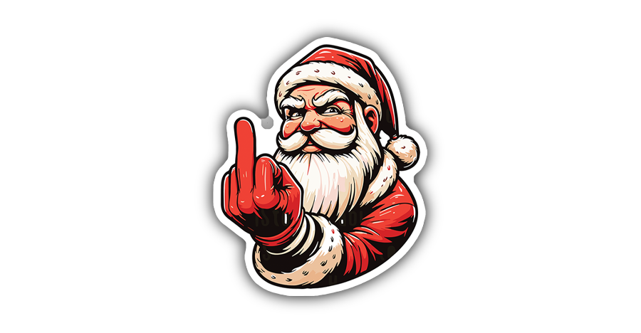 Santa Claus flipping middle finger sticker, 2-inch laminated vinyl decal, bold Christmas design included in 50+ sticker pack