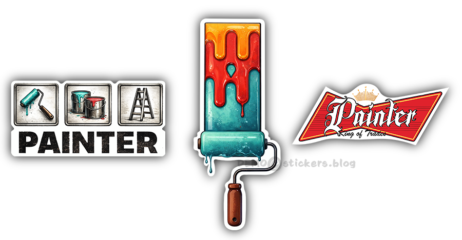 Painter sticker pack preview with paint roller and painter icons waterproof laminated vinyl decals