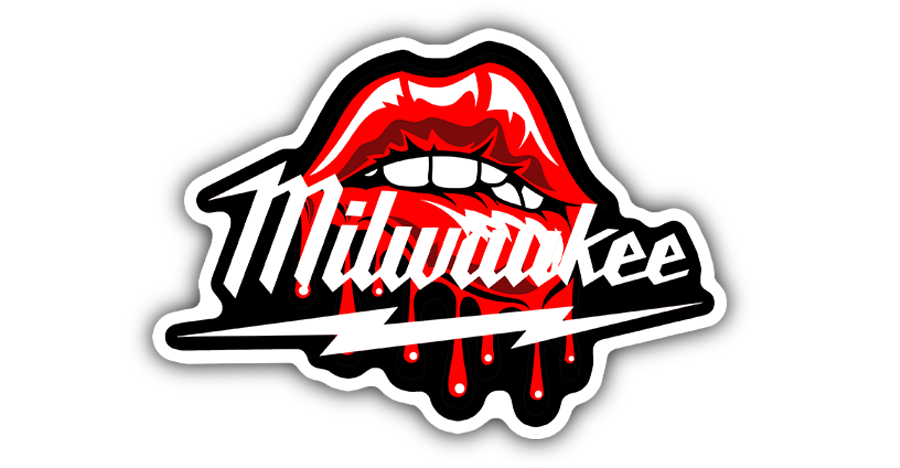 Milwaukee lips drip style hard hat vinyl sticker with red lips and lightning bolt, die-cut laminated waterproof decal