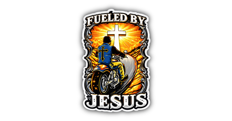 Fueled by Jesus motorcycle sticker with biker riding toward glowing cross, 6 inch laminated vinyl faith decal