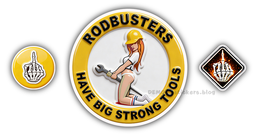 Rodbuster sticker set with trade-themed artwork and skeleton hand icons waterproof vinyl decals