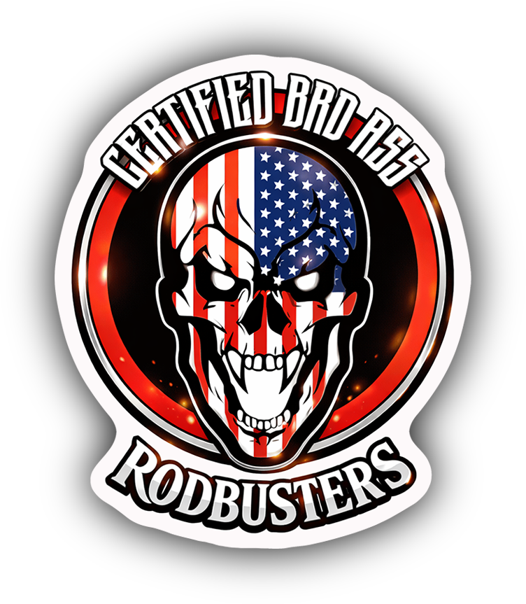 Certified Bad Ass Rodbusters skull sticker with USA flag design, premium vinyl 3 mil laminate, waterproof, included in 20+ sticker pack